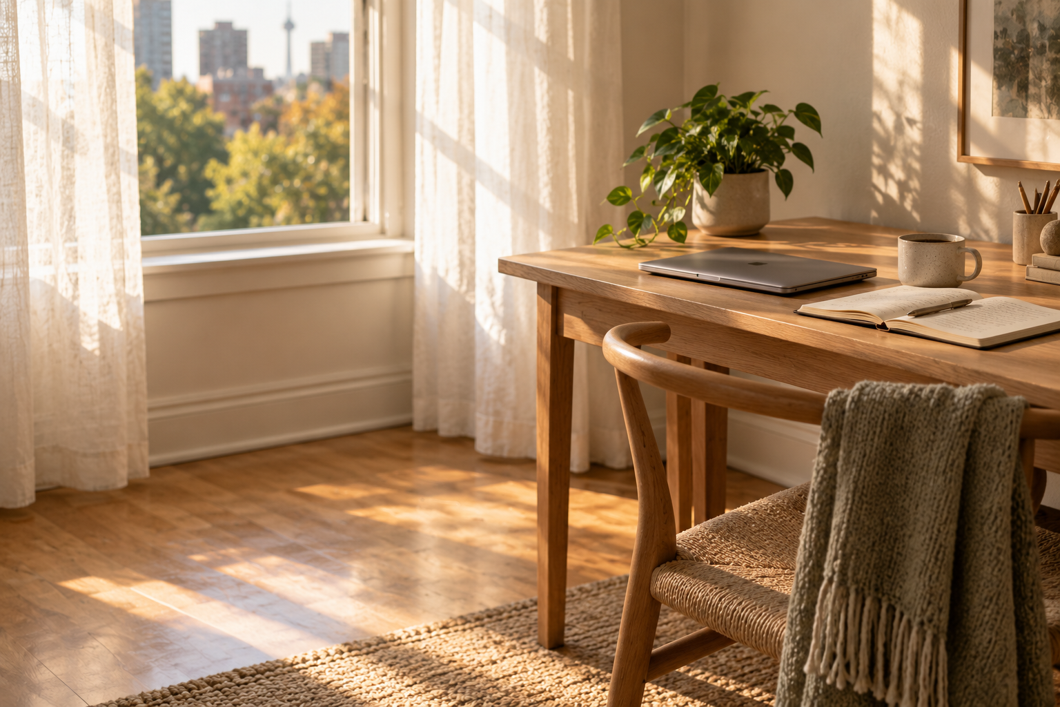 A quiet home workspace beside a window, late afternoon light on a wooden desk